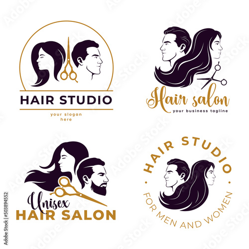 Set of unisex hair salon logotype. Face man, woman, and  silhouette scissors. 