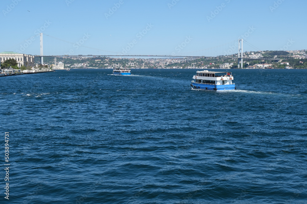 Travel by ferry in front of the bridge on the Bosphorus