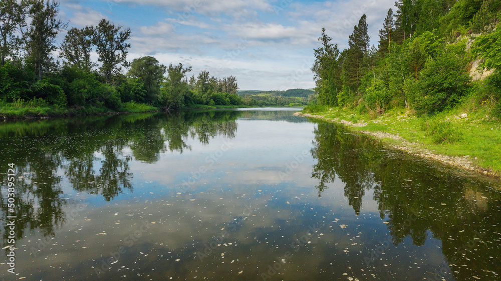Obraz premium The Southern Urals, Bashkiria, Yuryuzan river. Aerial view.