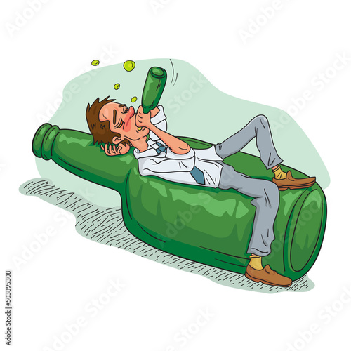 Drunk man drink alcohol lying on big beer bottles, Alcoholism, alcohol addiction, illustrator vector cartoon drawing