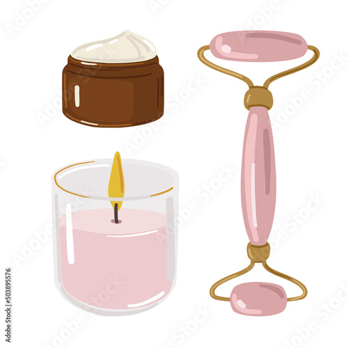 Self care set, candle, face massager and face cream. Beauty concept vector illustration. 