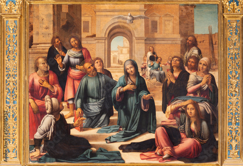 VALENCIA, SPAIN - FEBRUAR 14, 2022: The painting of Pentecost on the main altar in the Cathedral by Fernando Yanez de la Almedina and Hernando de los Llanos (1506 - 1510).