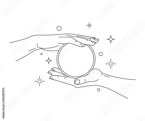 Female hands holding round mirror.Vector illustration,fortune-telling concept 