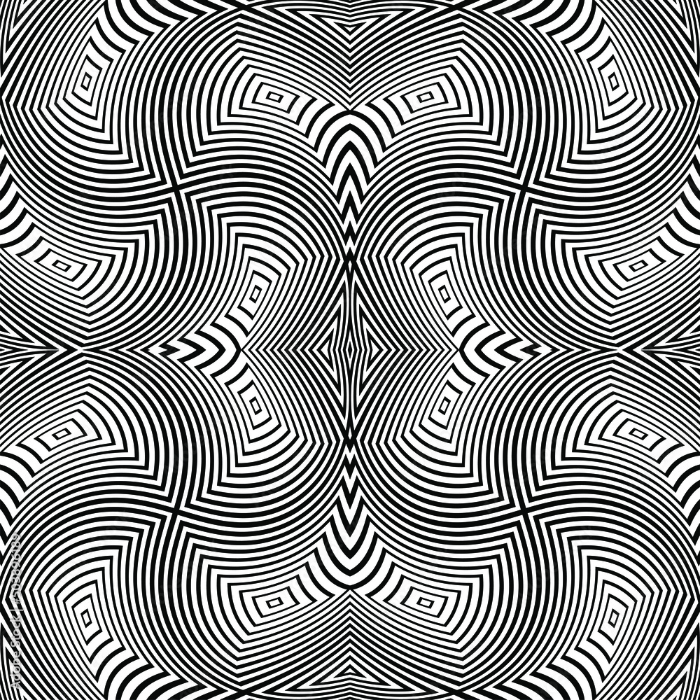 Naklejka premium Abstract hypnotic pattern with black-white striped lines. Psychedelic background. Op art, optical illusion. Modern design, graphic texture.
