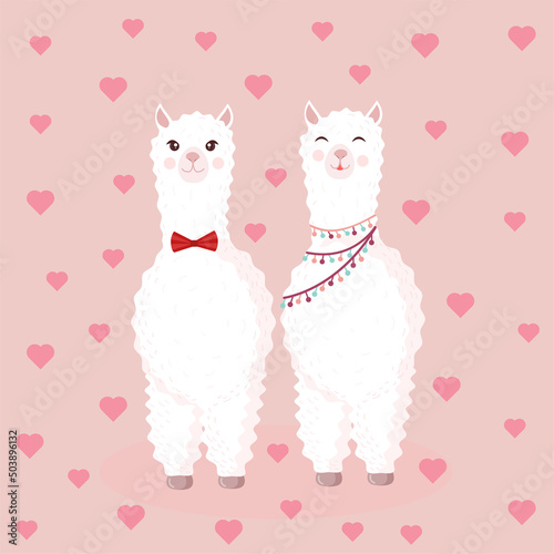 Vector illustration with a loving couple on a pink background with hearts. Suitable for baby texture, textile, fabric, poster, Valentines day card, decor. Cute alpaca from Peru.