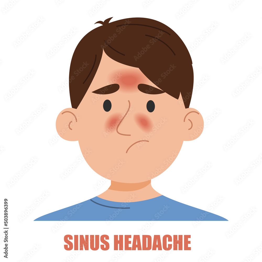 Sinus headache vector isolated. Illustration of a man suffering from the headache caused by sinusitis or allergy. Nasal infection. Sad face.