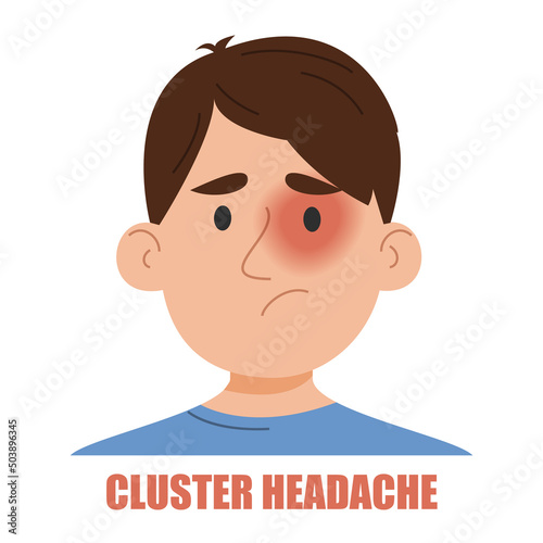 Cluster headache vector isolated. Male portrait, man suffering from the pain in the eye. Sad face. Stressed character.