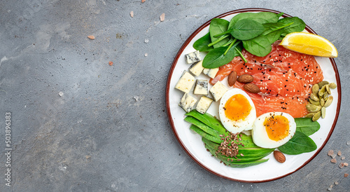 Ketogenic diet breakfast. salmon, avocado, cheese, egg, spinach and nuts. Healthy fats, clean eating for weight loss. Long banner format. top view