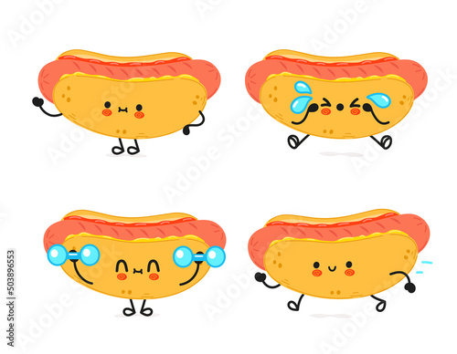 Funny cute happy hotdog characters bundle set. Vector hand drawn doodle style cartoon character illustration icon design. Cute happy hotdog mascot character collection