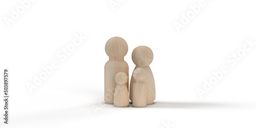 Family member's wooden peg doll on white background. family relationship family home foster care Homeless Charity Support Idea family mental health international family day with copy space
