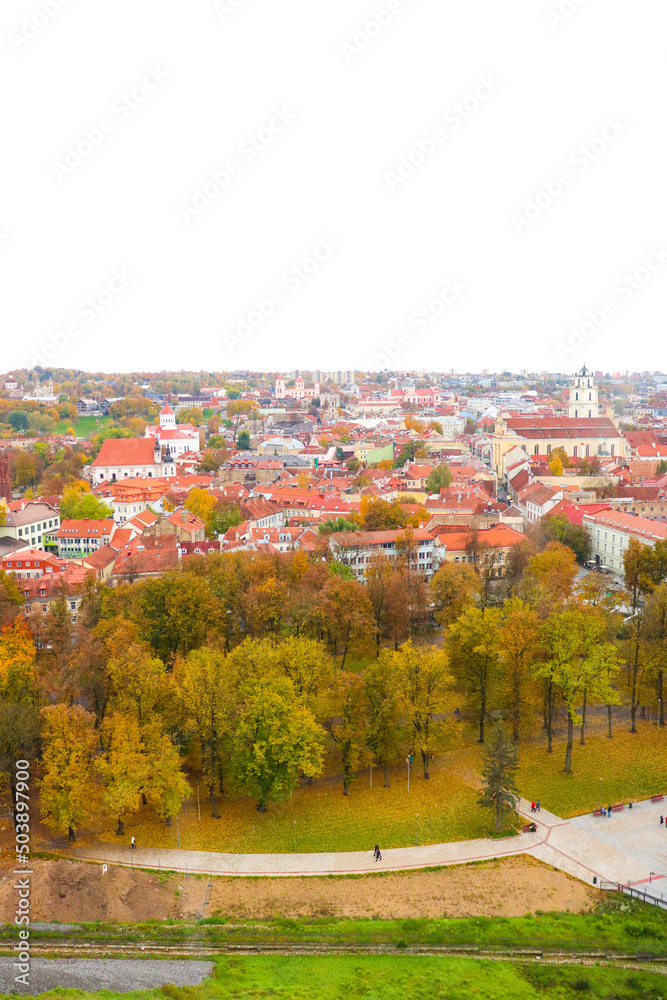 Aerial view over Old town from Castle Hill and Gediminas Tower, Vilnius, Lithuania, Baltic states