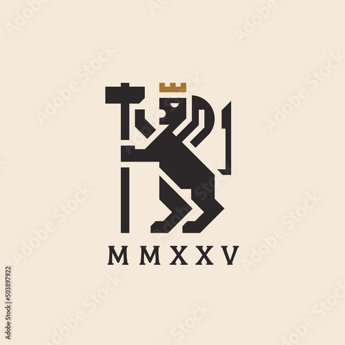 Premium lion logo mark design element. Justice and strength animal icon. Strong brand identity law and finance symbol. Royal heraldry sign with lion, gold crown and hammer. Vector illustration.