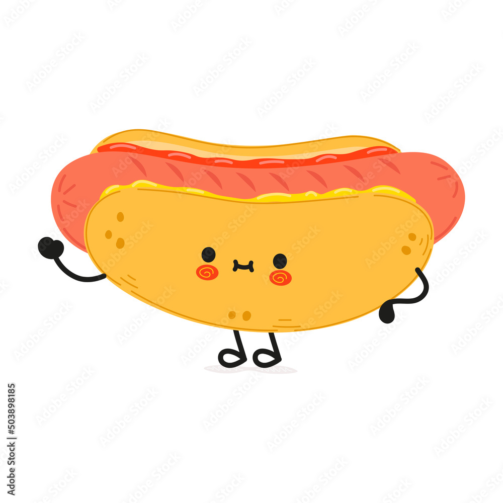 Cute funny hotdog waving hand character. Vector hand drawn cartoon kawaii character illustration icon. Isolated on white background. Happy hotdog character concept Cute funny hotdog waving hand character. Vector hand drawn cartoon kawaii character illustration icon. Isolated on white background. Happy hotdog character concept