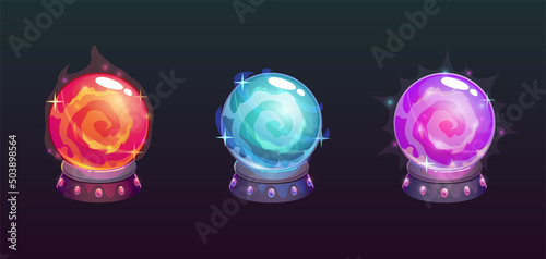 Vector cartoon magic balls. Fairy crystals set.