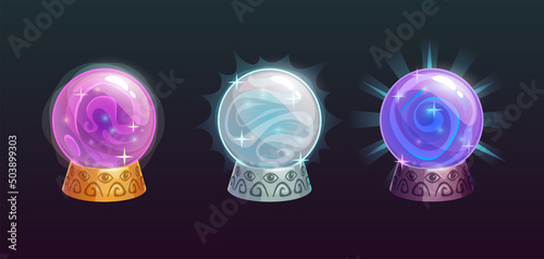 Vector cartoon magic balls. Fairy crystals set.