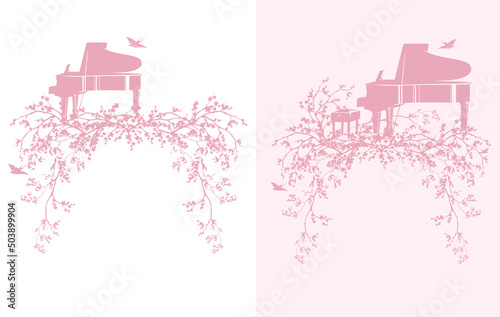 Foto blooming spring season tree branches, grand piano and flying swallow birds for o