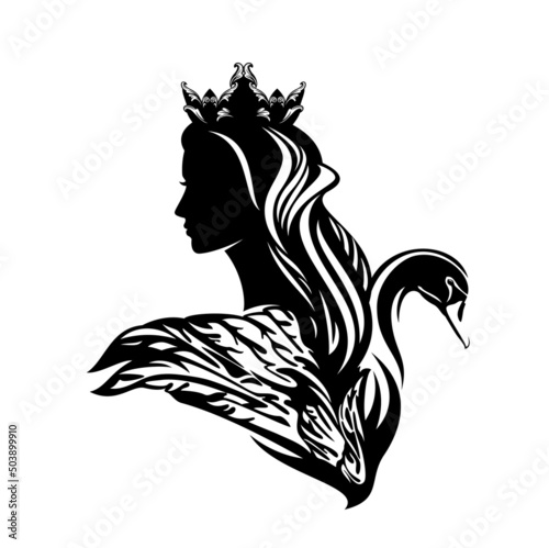 black and white vector silhouette portrait of fairy tale queen or princess wearing royal crown with her magic swan bird head and wing