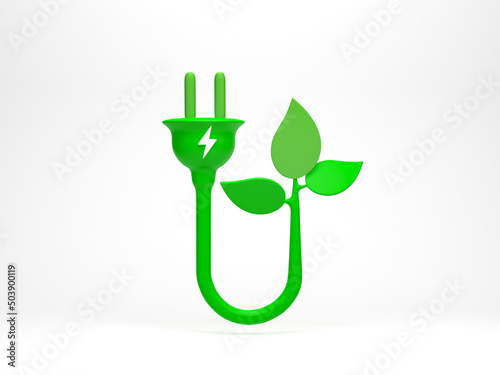 3d rendering, 3d illustration. Green electric plug power icon with plant and leaf shape. Eco friendly charging and Alternative green power symbol. Concept of Renewable power and clean energy.