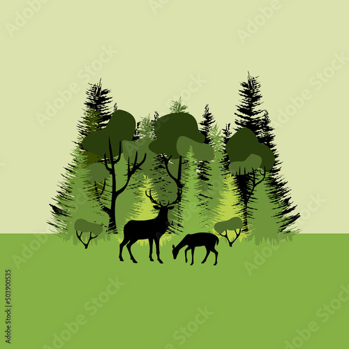 Colorful mixed forest and sihouette of deer. Green deciduous and coniferous trees on green background. Flat design.