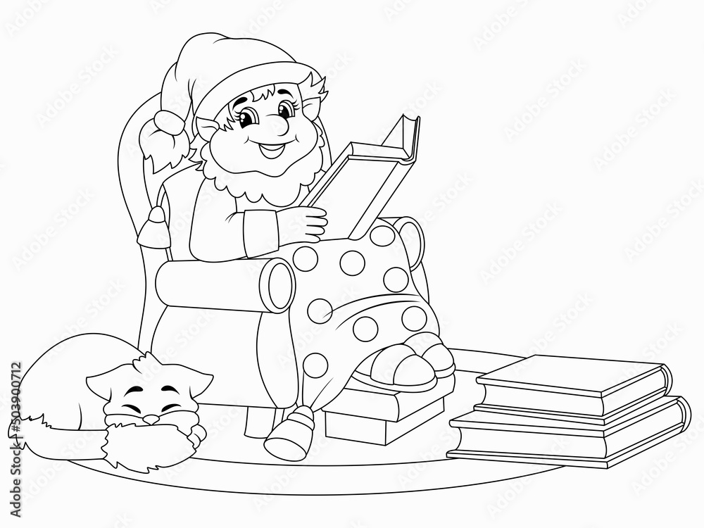 Cheerful gnome is reading a book in an armchair. Cozy room. Raster, page for printable children coloring book.