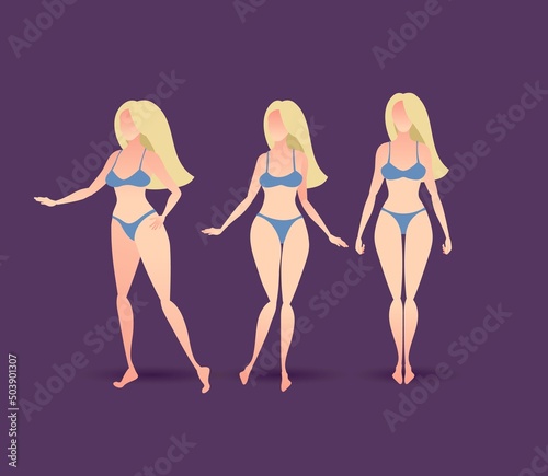 Beautiful blonde girl in a blue bikini, three poses. Vector.
