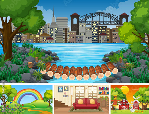 Four scenes with park and buildings
