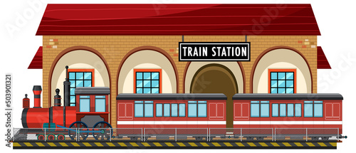 Train station scene with steam locomotive