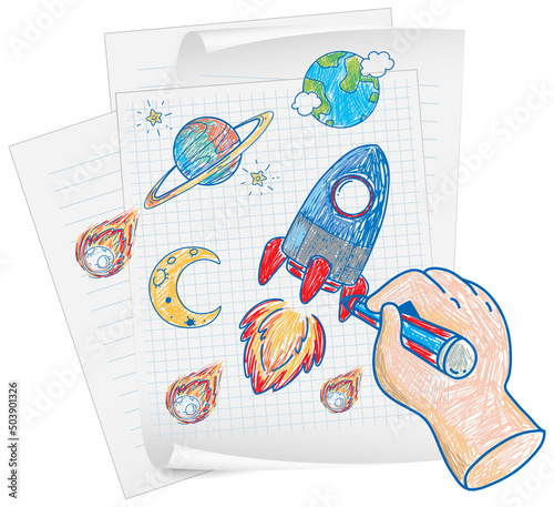 Coloured hand drawn spaceship collection