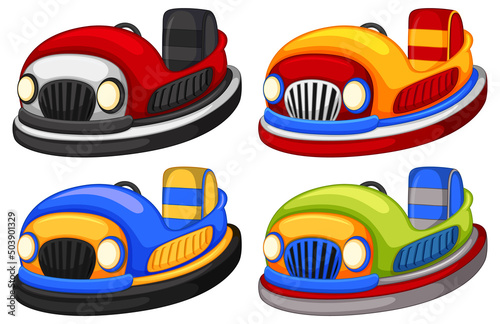 Set of different kids driving bumper cars in cartoon style