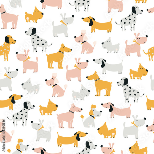 Fototapeta Naklejka Na Ścianę i Meble -  dogs cute seamless pattern. print for  on fabric, digital paper. Universal design for decorating children's photo albums, theme parties. Vector illustration, hand-drawn