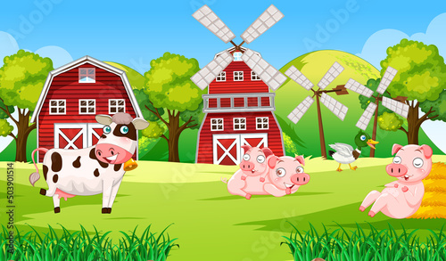 Farm scene with many animals in the field