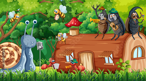 Nature scene with cartoon insects