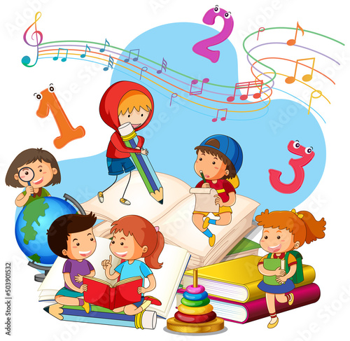 A children are reading books on a stack of books