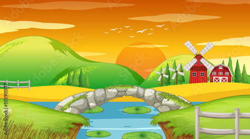 Farm background with stone bridge