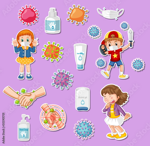 Sticker set of covid19 and cartoon character