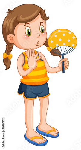 Cute girl in yellow outfits holding hand fan