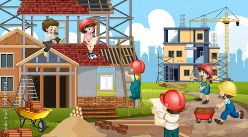 Cartoon scene of building construction site