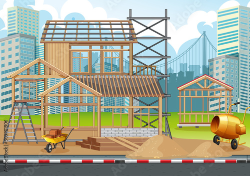 Cartoon scene of building construction site