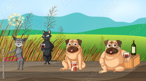 Outdoor park scene with many dogs