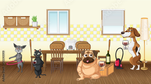 In house scene with dogs drinking wine
