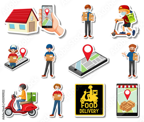Sticker set of delivery objects and cartoon characters