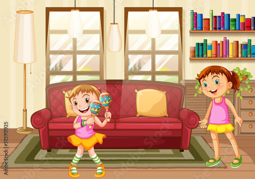 Two girls having fun in living room