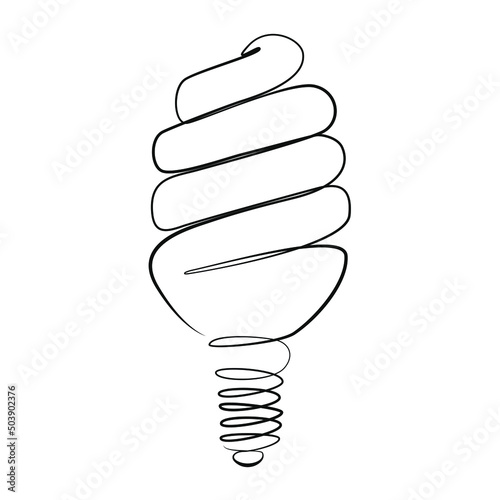 Energy saving light bulb one line drawing on white isolated background