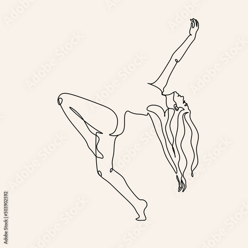 Continuous drawing in one line. Happy woman stretching. Vector illustration. Dancer dancing contemporary dance. Minimalist Wellness Feminine Illustration Elegant Logo