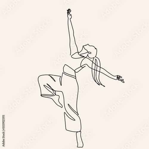 Continuous drawing in one line. Happy woman stretching. Vector illustration. Dancer dancing contemporary dance. Minimalist Wellness Feminine Illustration Elegant Logo