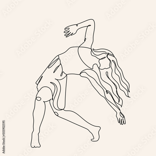 Continuous drawing in one line. Happy woman stretching. Vector illustration. Dancer dancing contemporary dance. Minimalist Wellness Feminine Illustration Elegant Logo