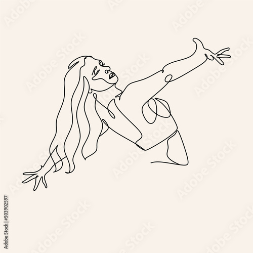 Continuous drawing in one line. Happy woman stretching. Vector illustration. Dancer dancing contemporary dance. Minimalist Wellness Feminine Illustration Elegant Logo