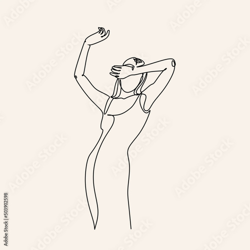 Continuous drawing in one line. Happy woman stretching. Vector illustration. Dancer dancing contemporary dance. Minimalist Wellness Feminine Illustration Elegant Logo