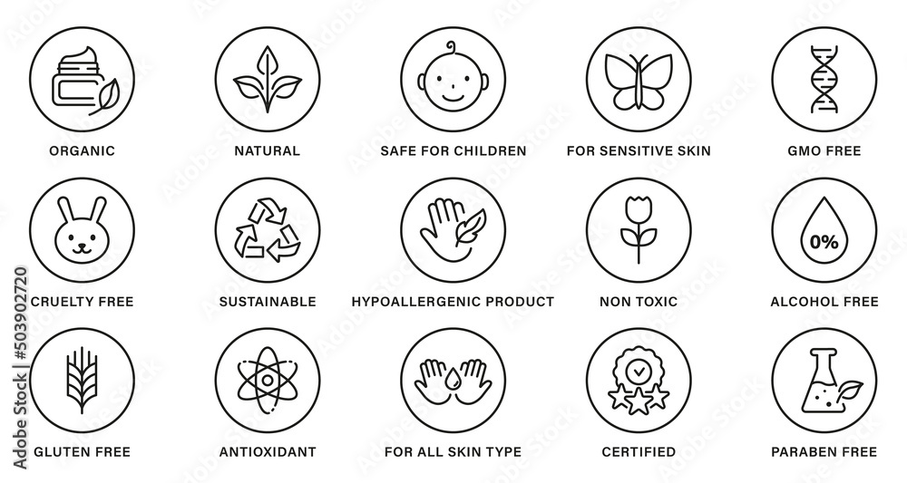 Natural Healthy Eco Bio Food, Cruelty Free, Non Alcohol and Paraben Label. Cosmetic Organic Product Line Black Set Stamp. Nature Sustainable Product Outline Sticker. Isolated Vector Illustration Natural Healthy Eco Bio Food, Cruelty Free, Non Alcohol and Paraben Label. Cosmetic Organic Product Line Black Set Stamp. Nature Sustainable Product Outline Sticker. Isolated Vector Illustration