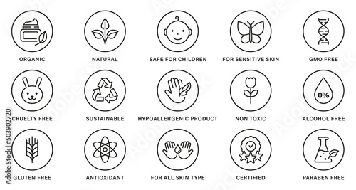 Natural Healthy Eco Bio Food, Cruelty Free, Non Alcohol and Paraben Label. Cosmetic Organic Product Line Black Set Stamp. Nature Sustainable Product Outline Sticker. Isolated Vector Illustration